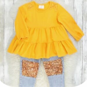 Mustard Yellow Lace Long Sleeve Top with Distressed Sequins Patchwork Jeans